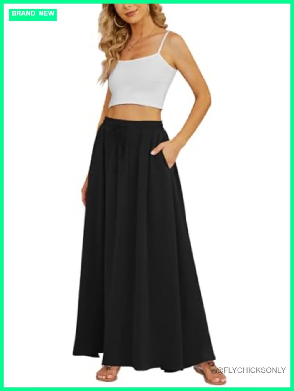 Flowy Maxi Skirt with Pockets Pleated High Waisted Casual Long Skirt